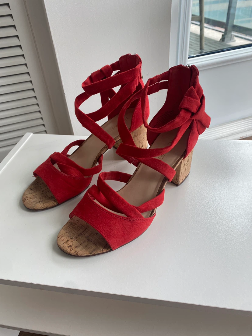 Nine West Red Suede Strappy Cork Heel Sandals