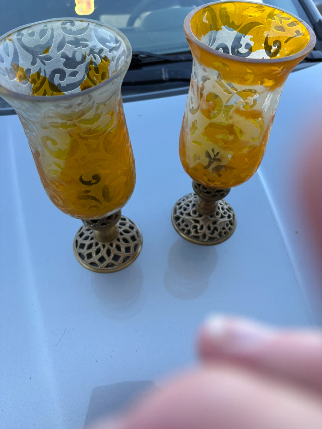 Set of 2 Amber Glass Hurricane Candle Holders