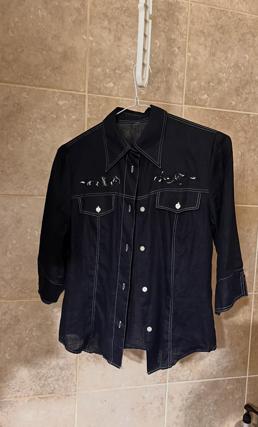 100% Linen Dark Denim Shirt with White Stitching