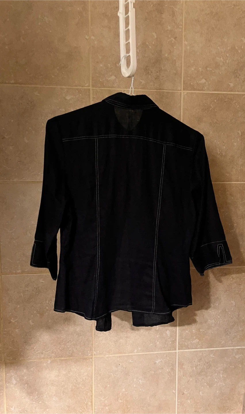100% Linen Dark Denim Shirt with White Stitching - photo 2