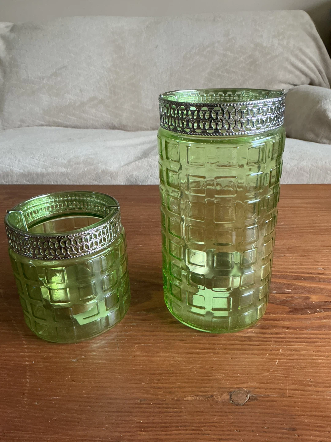 Green Glass Lanterns with Metal Trim Set