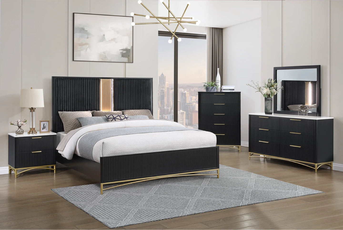 Four piece queen, set bed frame dresser, mirror, nightstand