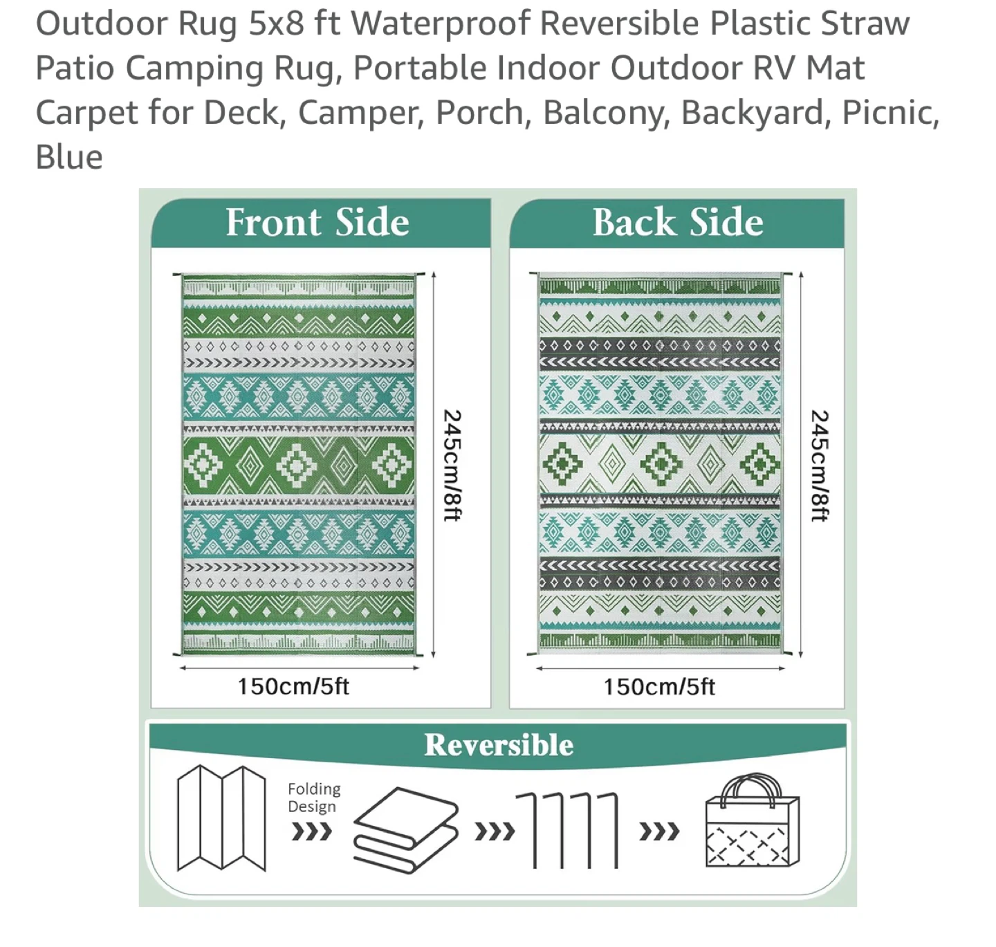 Durable Outdoor Rug 5x8 ft - Waterproof, Reversible - photo 2