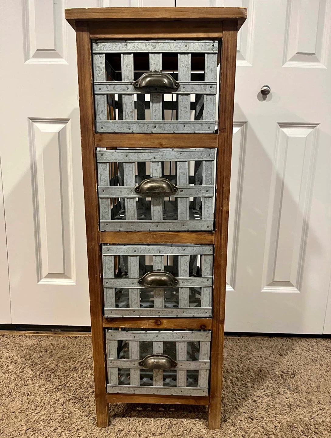 Tall Wood and Metal Storage Cabinet with 4 Baskets