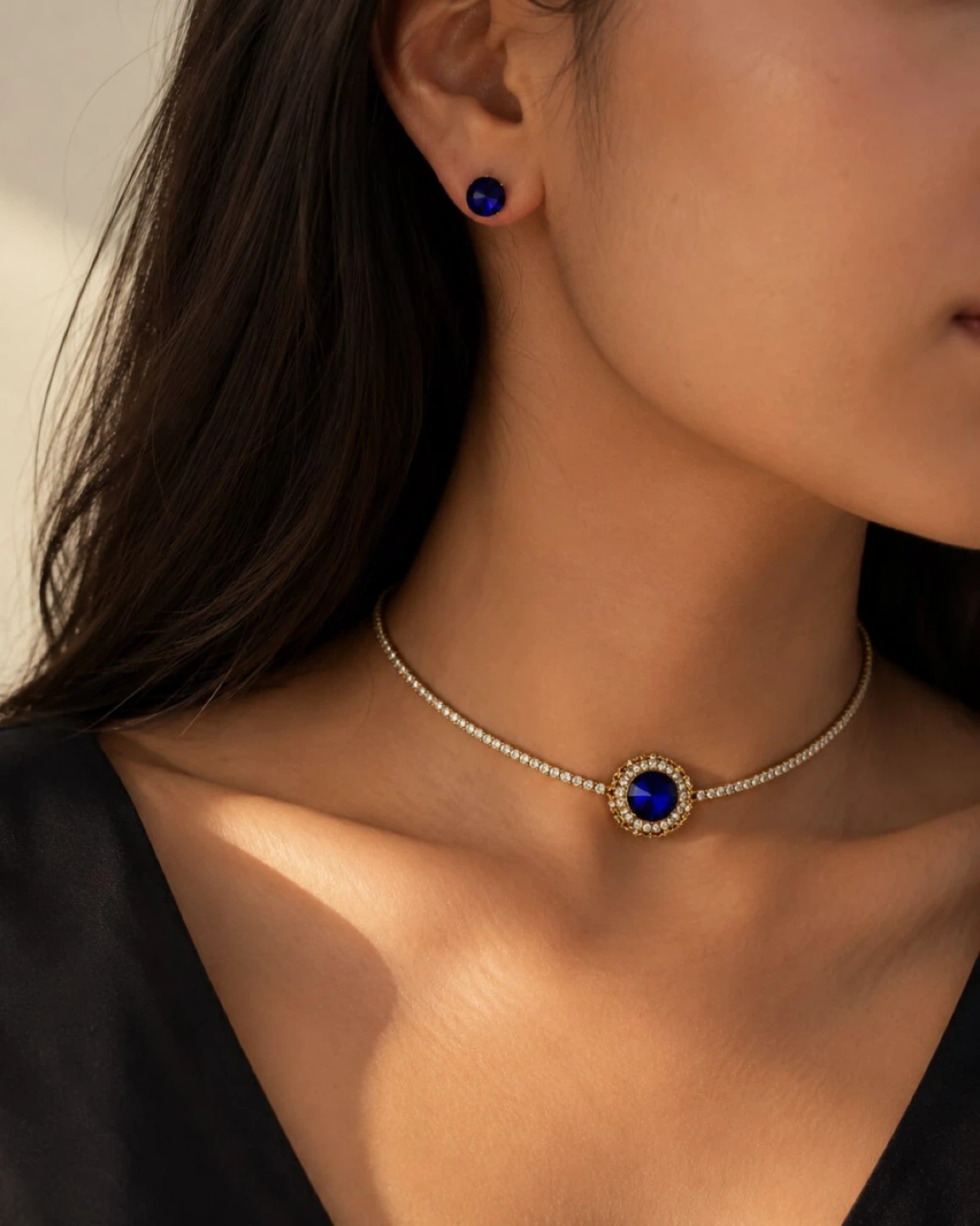 (NEW) Blue Gemstone Necklace/ choker and Earrings Set