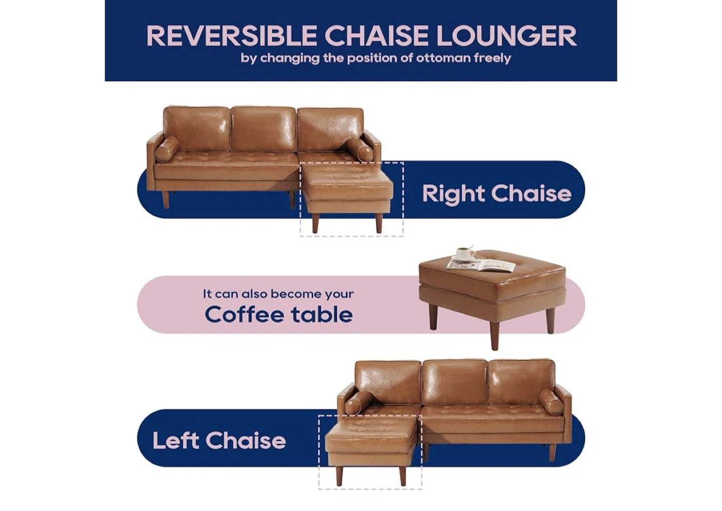Brown Faux Leather Sofa with 2 Reversible Chaise - photo 4