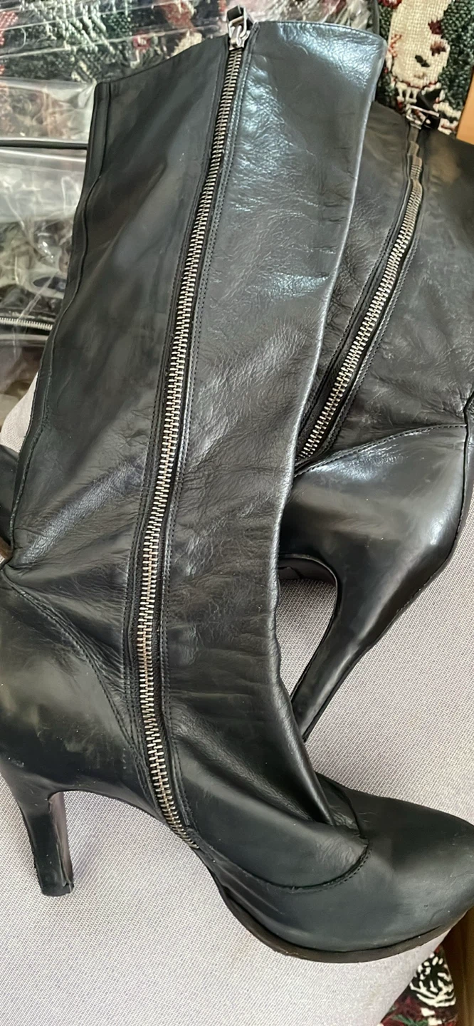 Black Suede Knee-High Boots with White Trim - photo 4