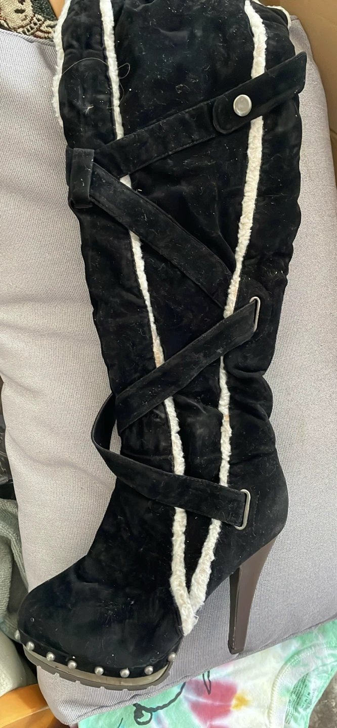 Black Suede Knee-High Boots with White Trim - photo 5