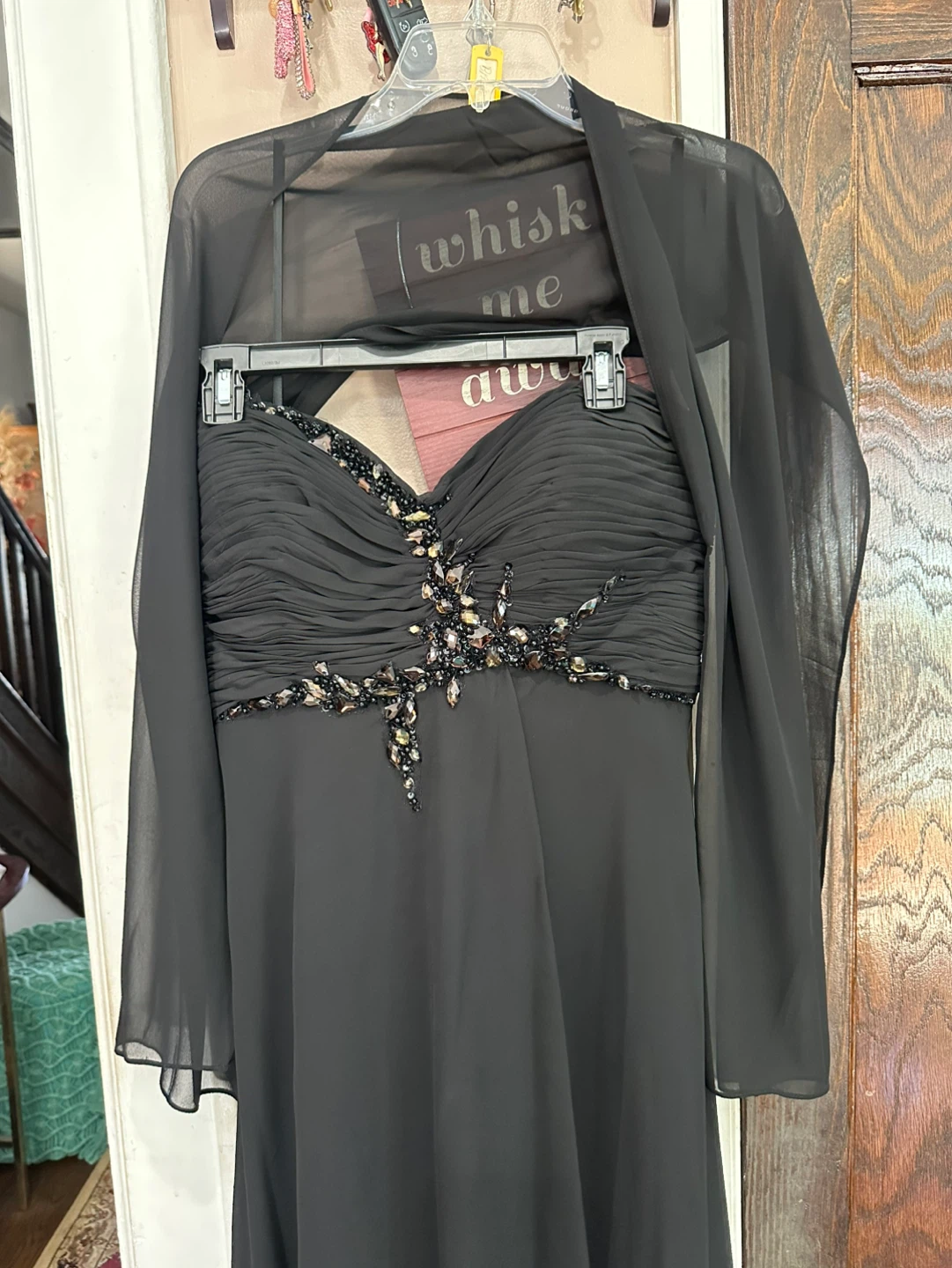Elegant Black Beaded Chiffon Maxi Gown with Sheer Shawl - photo 2