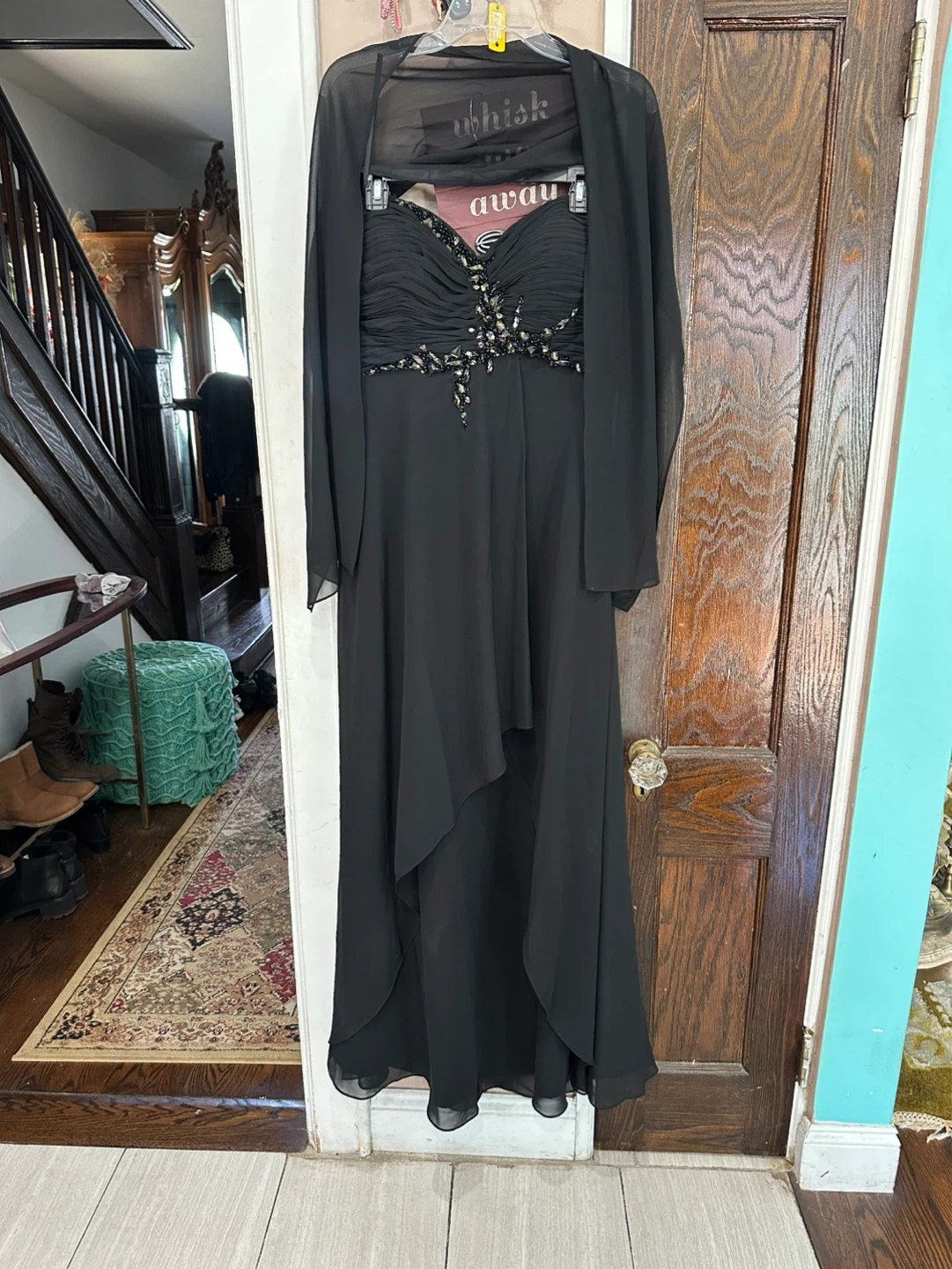 Elegant Black Beaded Chiffon Maxi Gown with Sheer Shawl