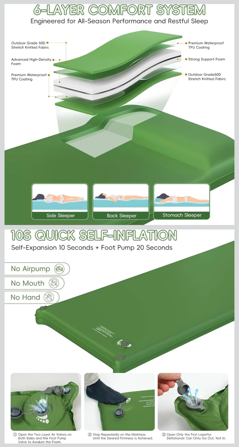 Green Self-Inflating Camping Sleeping Pad - photo 3
