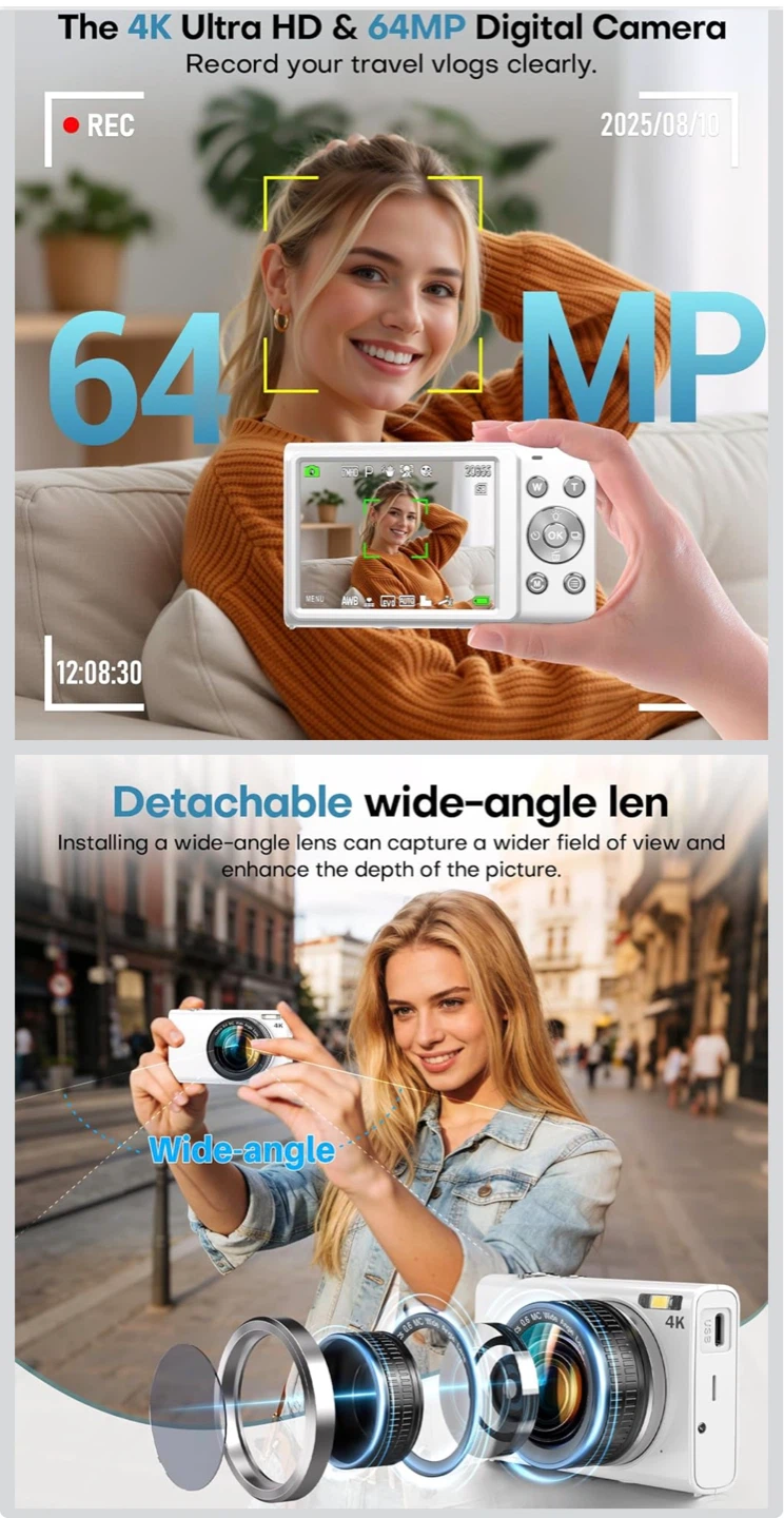White 4K Digital Camera with 64MP and Wide-Angle Lens - photo 2