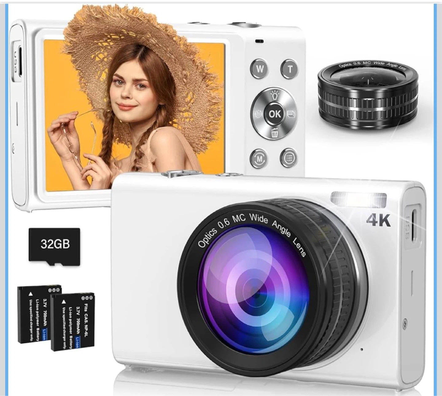 White 4K Digital Camera with 64MP and Wide-Angle Lens