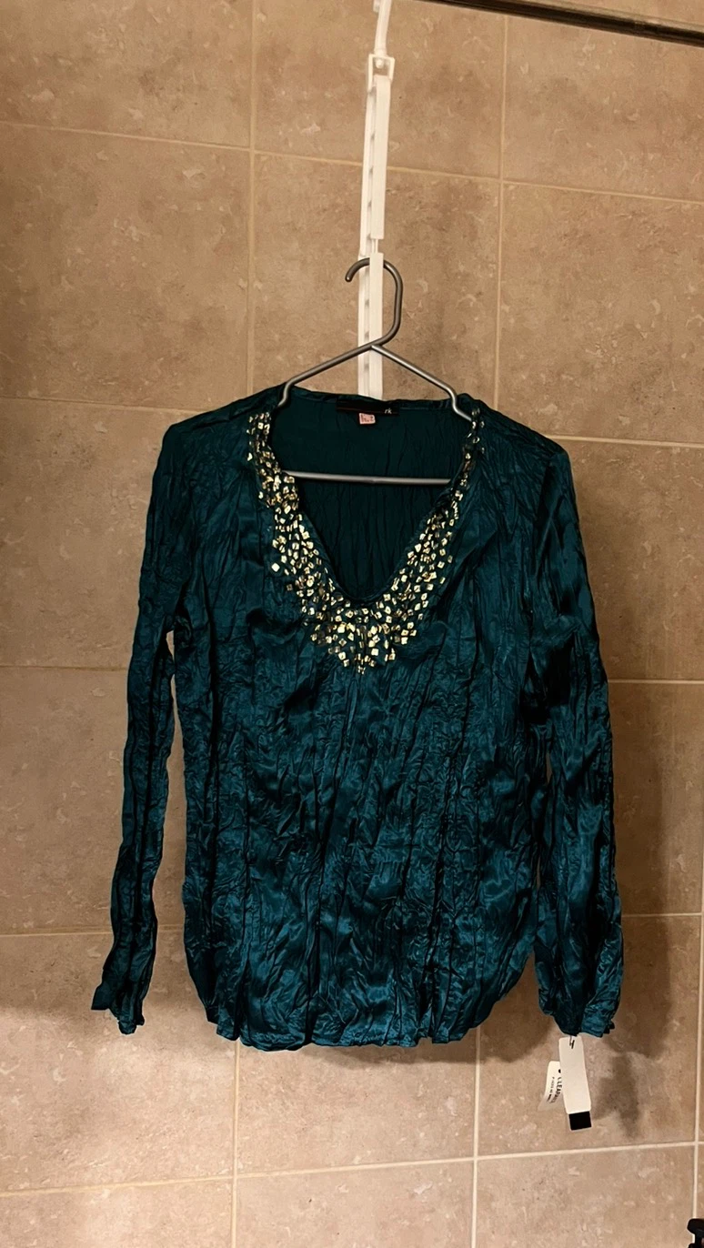RK Teal Embellished V-Neck Blouse