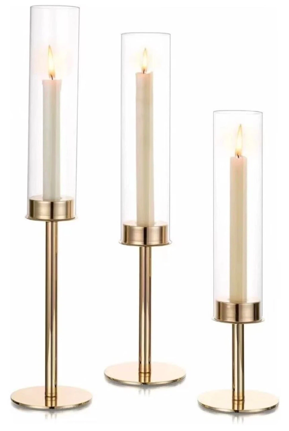 Set of 3 Gold Candlestick Holders with Glass Shades