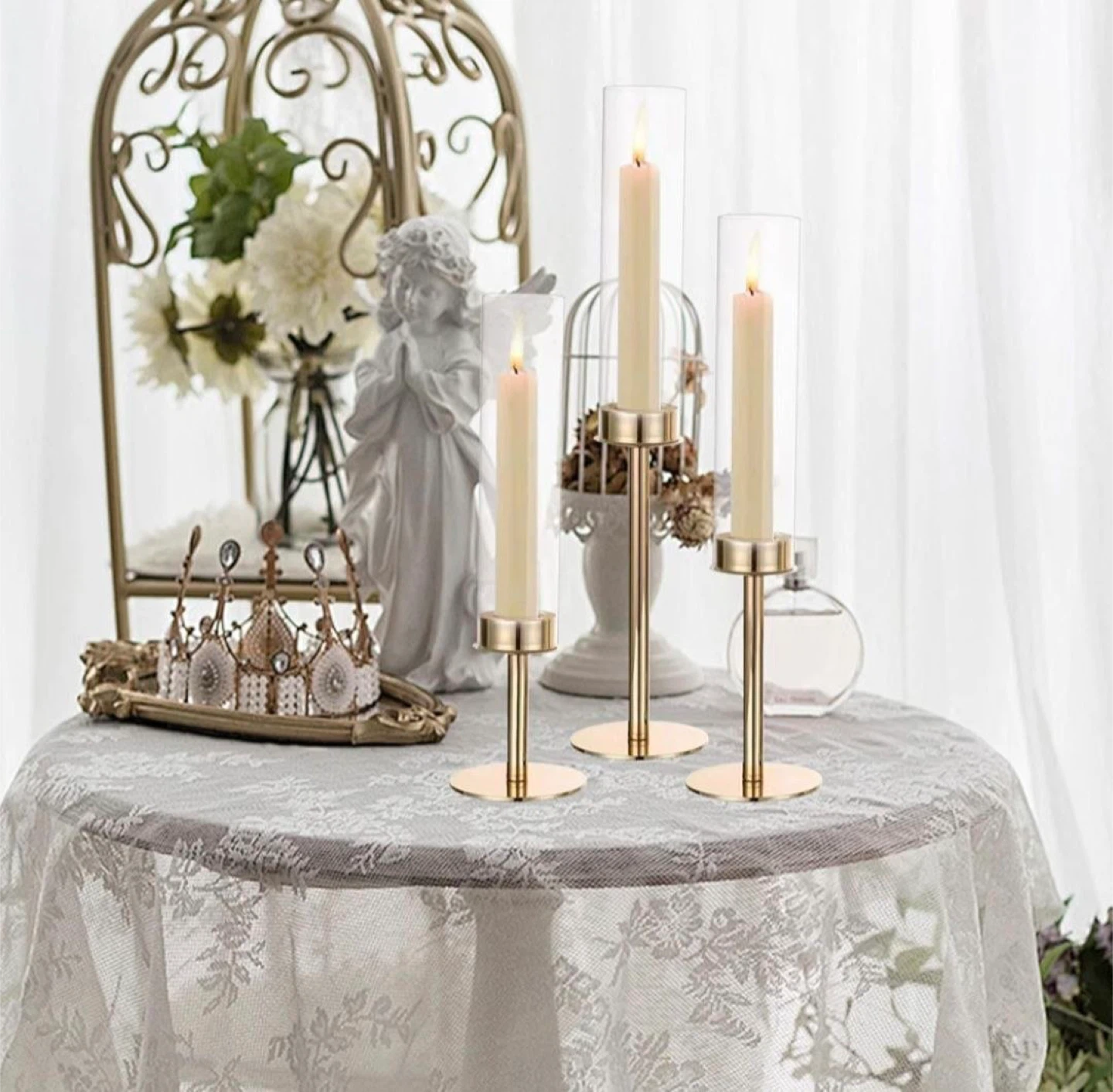 Set of 3 Gold Candlestick Holders with Glass Shades - photo 3