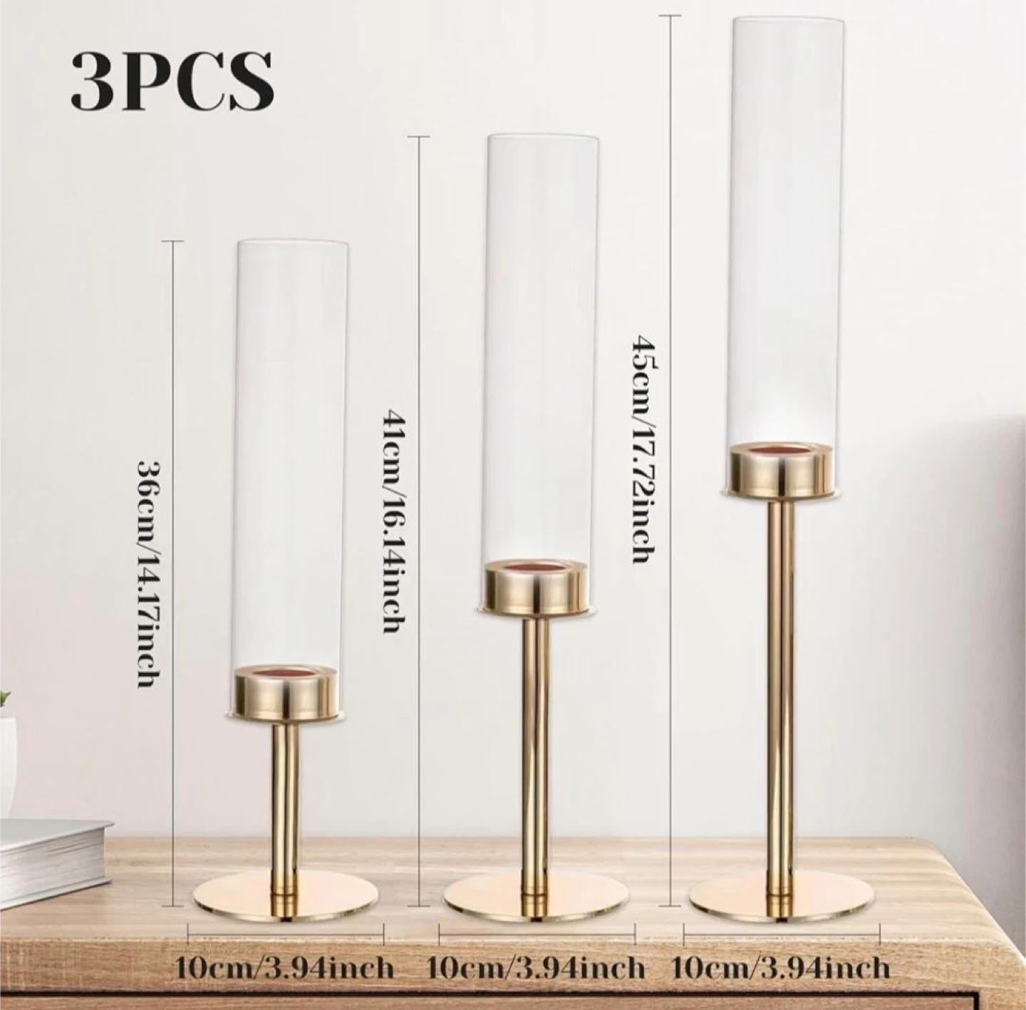 Set of 3 Gold Candlestick Holders with Glass Shades - photo 4