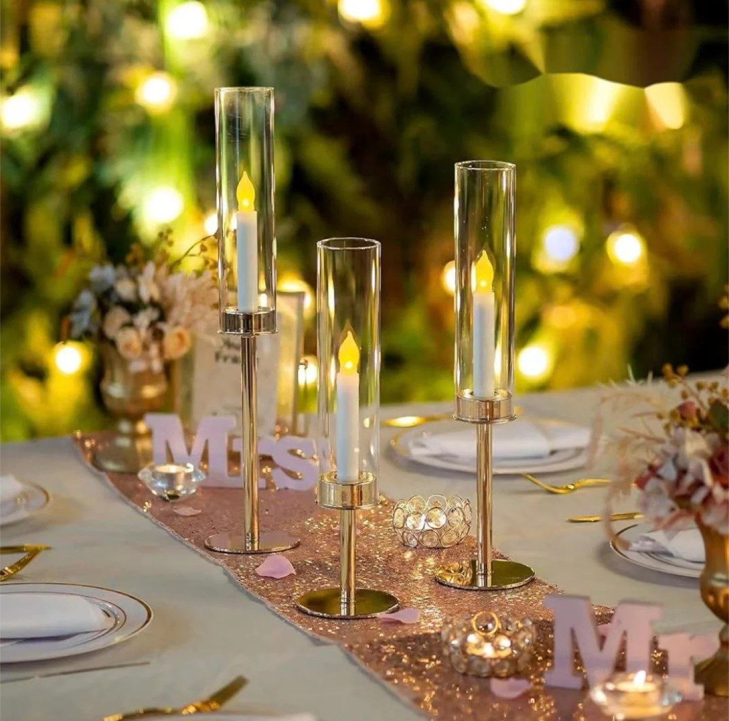 Set of 3 Gold Candlestick Holders with Glass Shades - photo 2