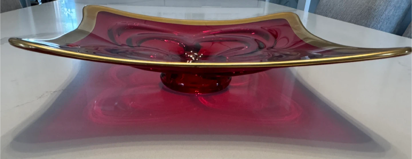 Vtg MCM Cranberry Red Glass & Gold Gilt Square Serving Platter