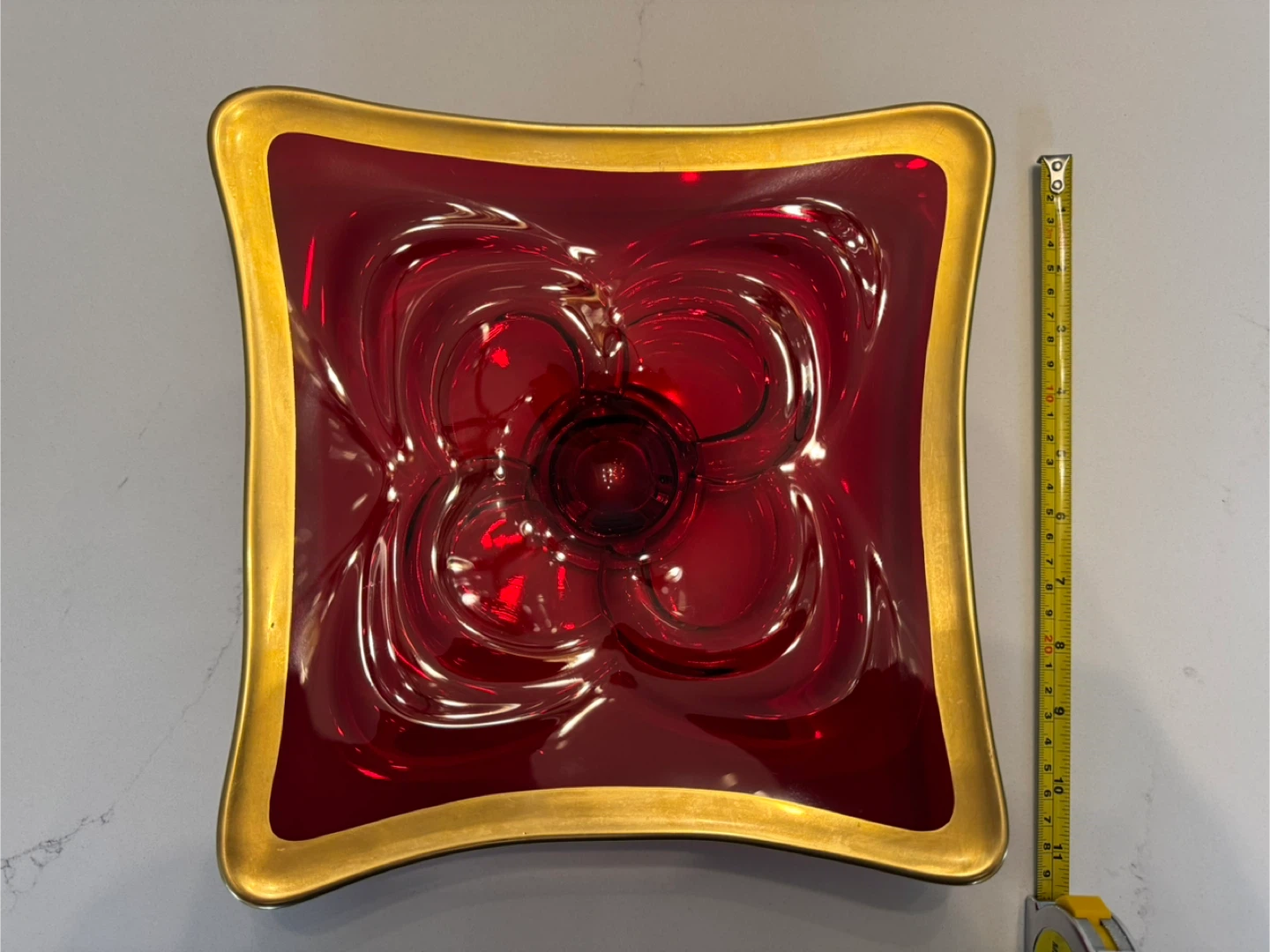 Vtg MCM Cranberry Red Glass & Gold Gilt Square Serving Platter - photo 3