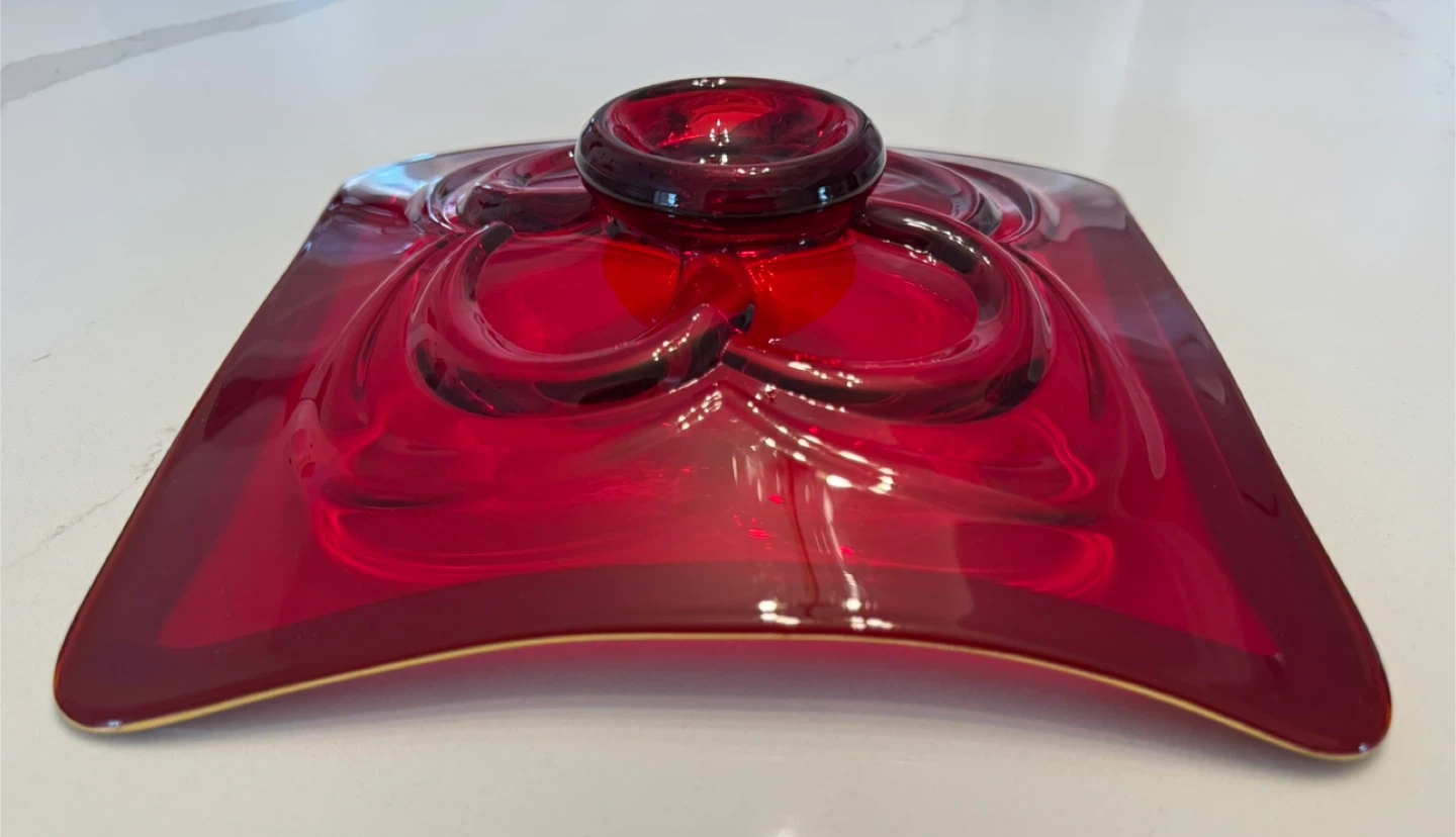Vtg MCM Cranberry Red Glass & Gold Gilt Square Serving Platter - photo 5