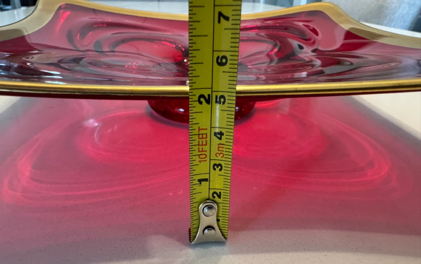 Vtg MCM Cranberry Red Glass & Gold Gilt Square Serving Platter - photo 4