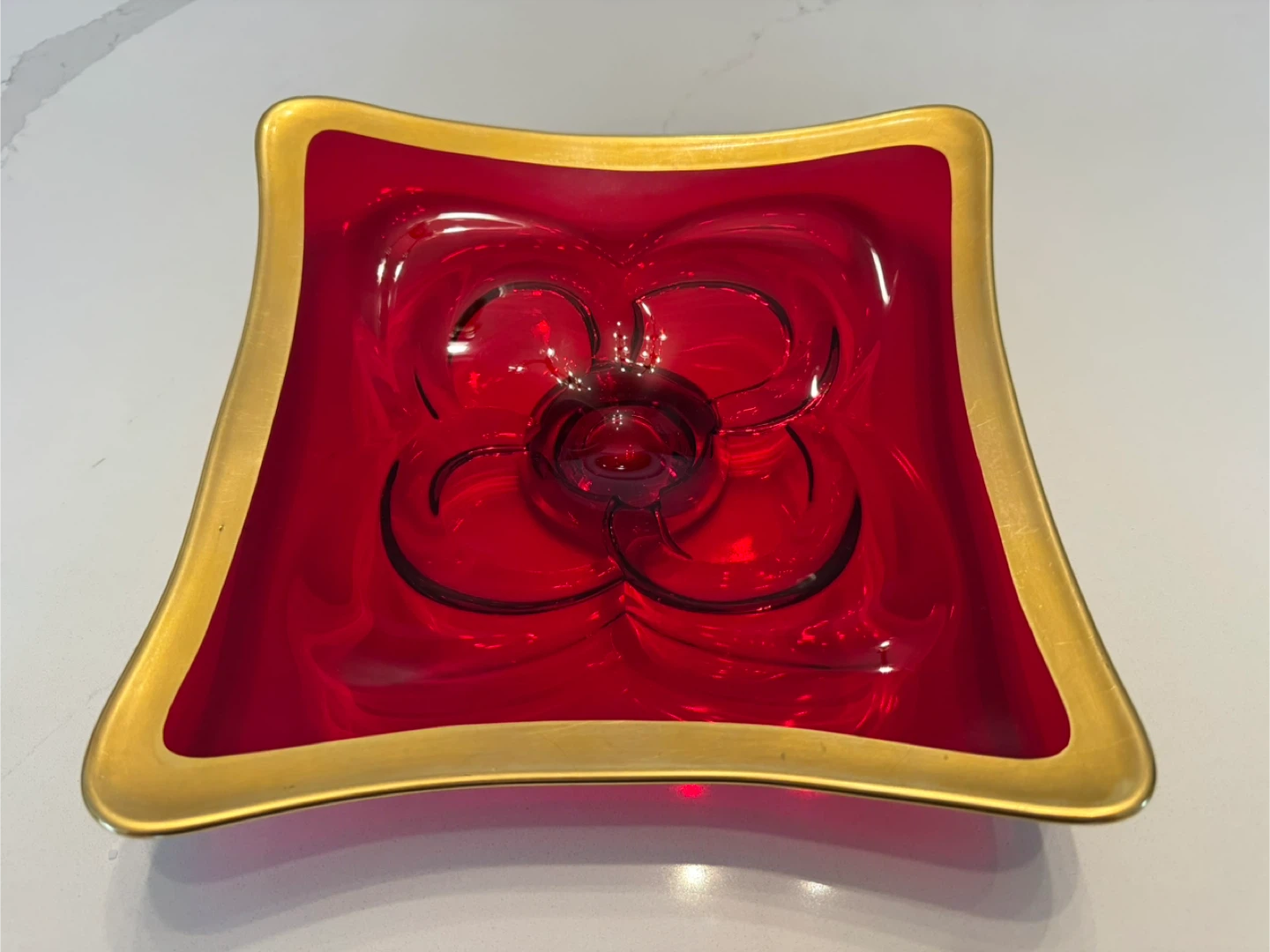 Vtg MCM Cranberry Red Glass & Gold Gilt Square Serving Platter - photo 2