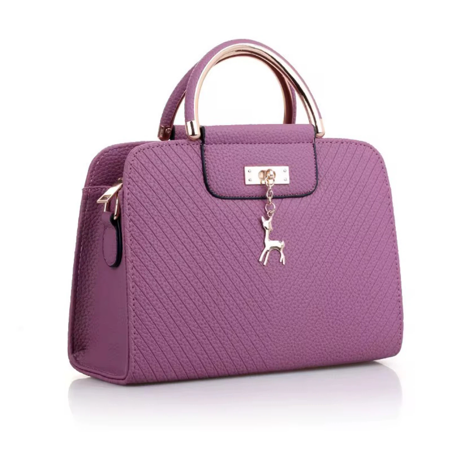 Lilac Textured Satchel Handbag with Deer Charm