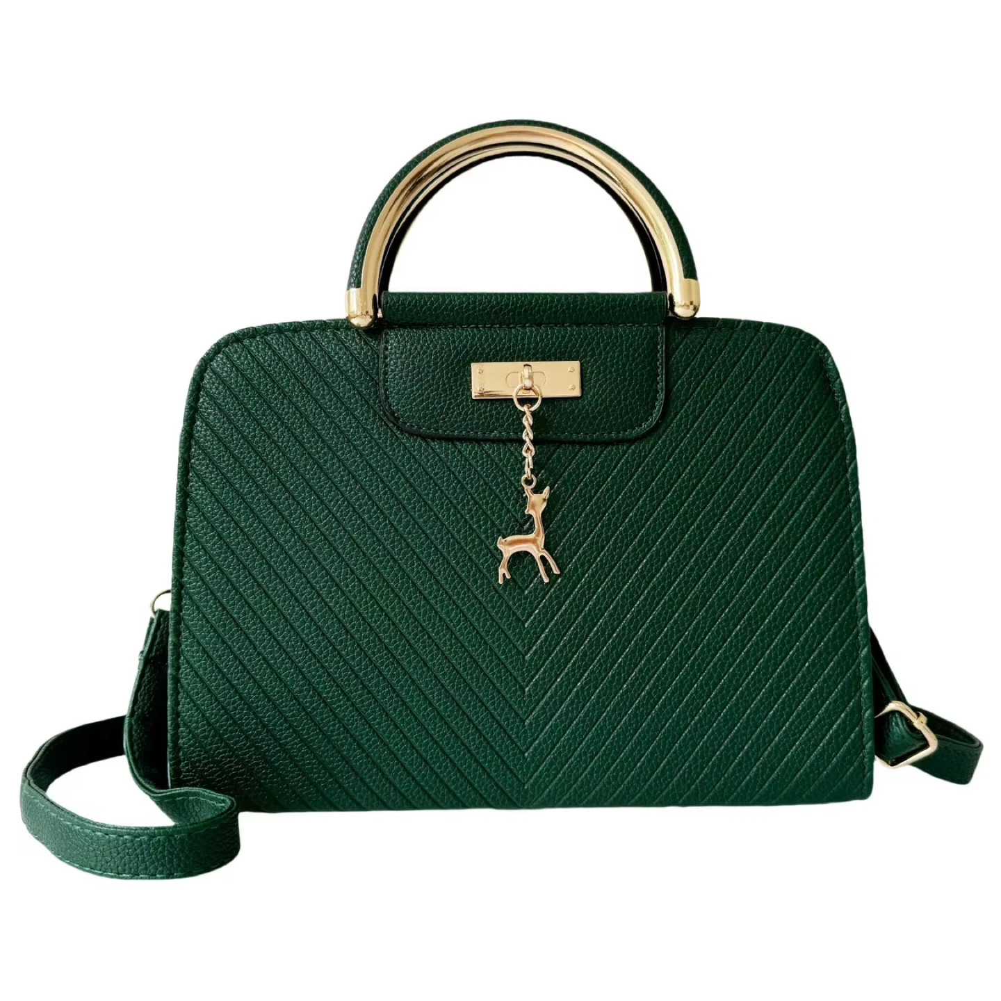 Green Structured Satchel with Gold Deer Charm