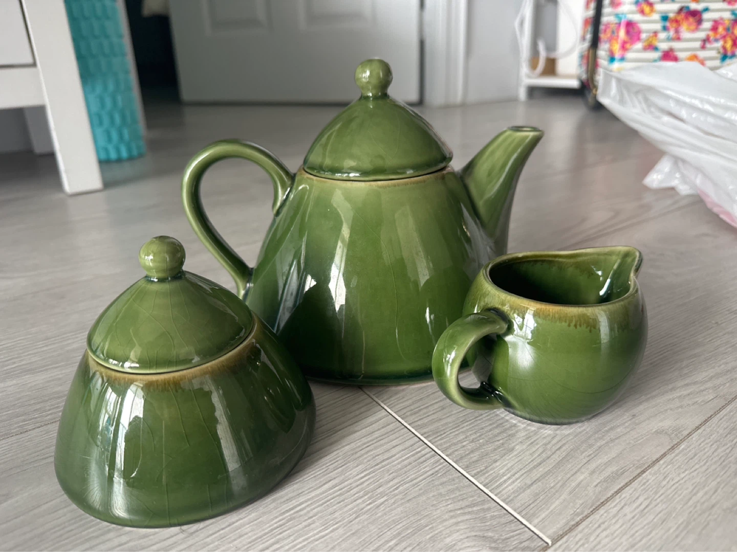Green Ceramic Teapot, Sugar Bowl, and Creamer Set