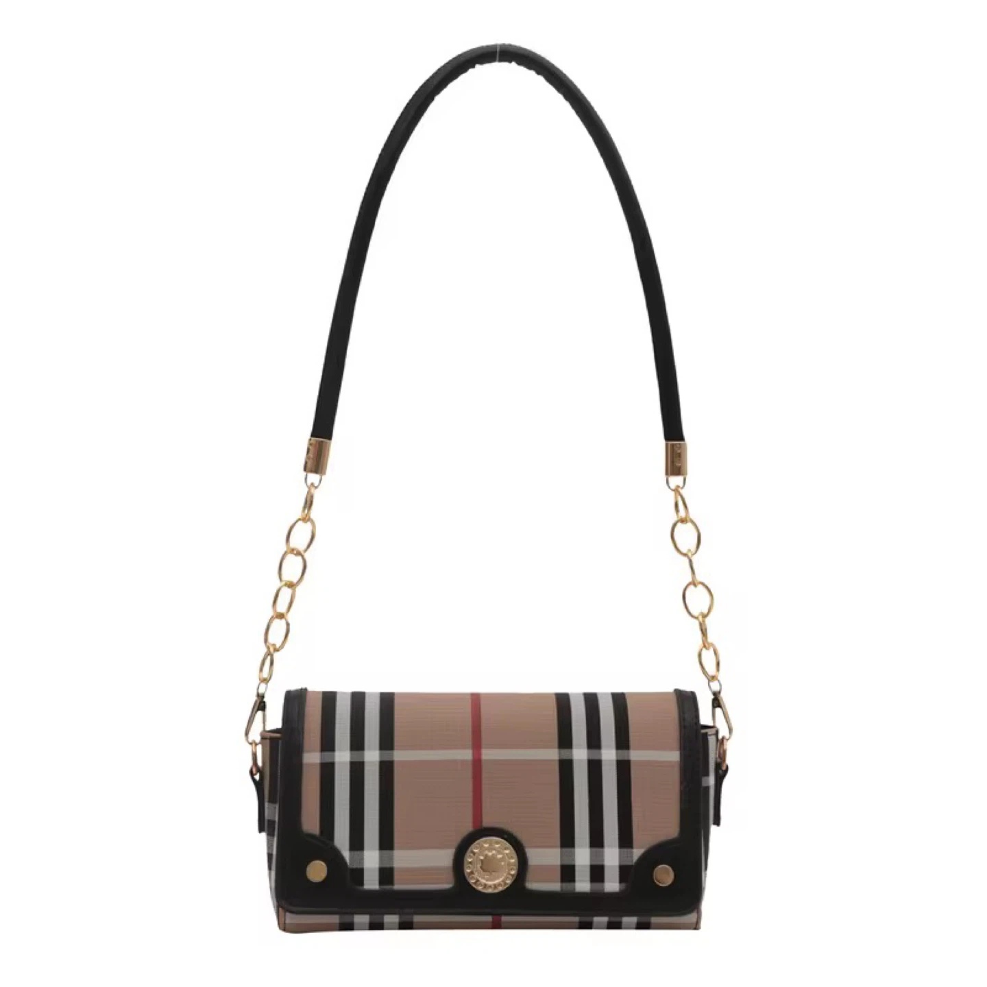 Plaid Shoulder Bag with Gold Chain Strap - photo 3
