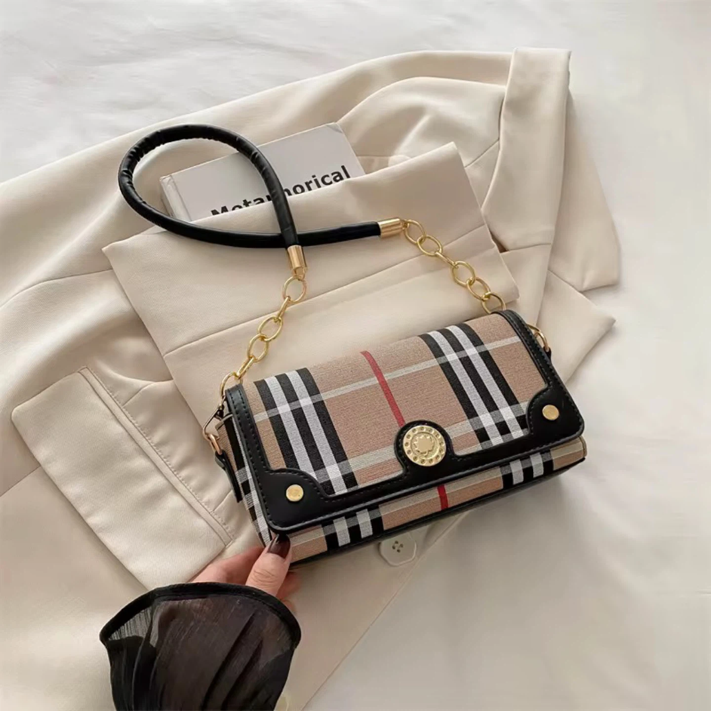 Plaid Shoulder Bag with Gold Chain Strap