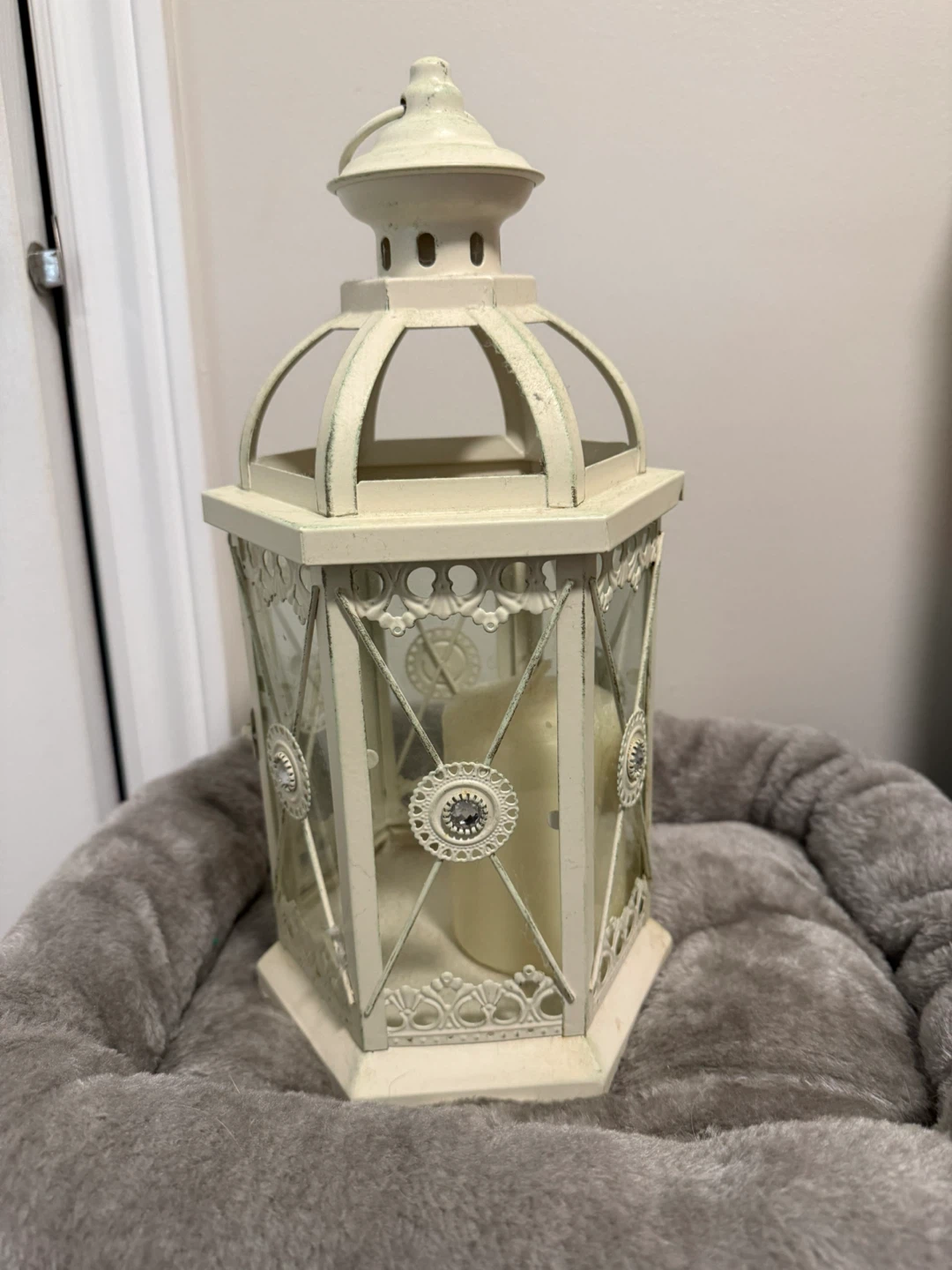 Cream Metal Lantern with Glass Panes