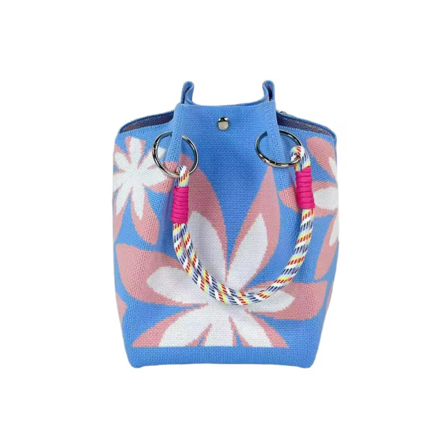 Blue Knit Bucket Bag with Floral Pattern