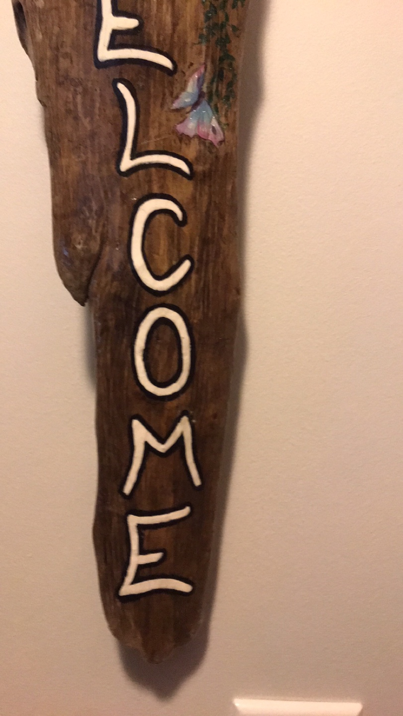 Hand-Painted Wood "Welcome" Sign with Butterflies