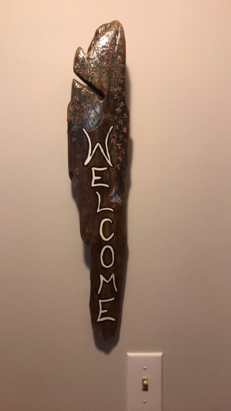 Hand-Painted Wood "Welcome" Sign with Butterflies - photo 3