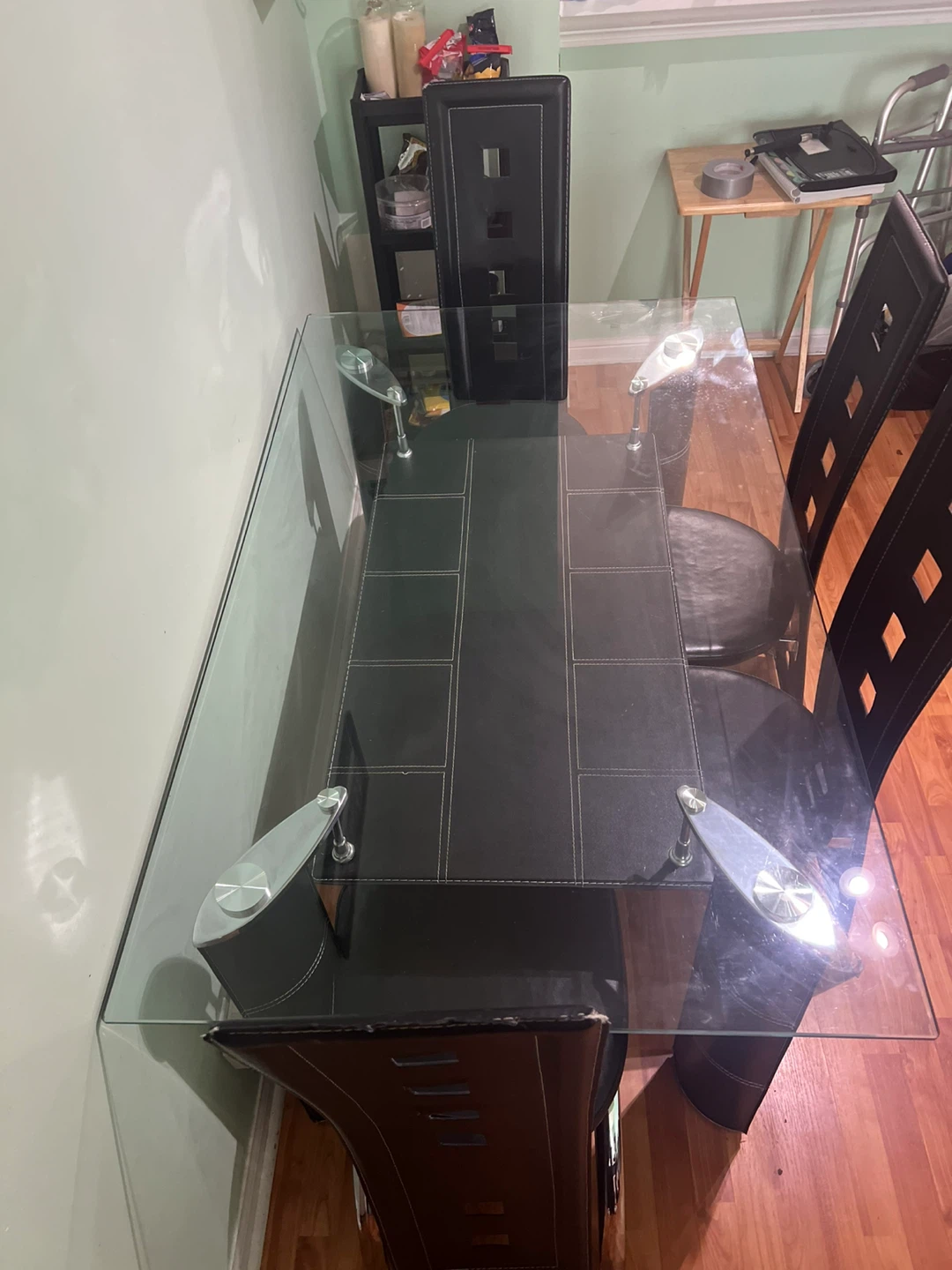 Glass Dining Table with 4 Faux Leather Chairs
