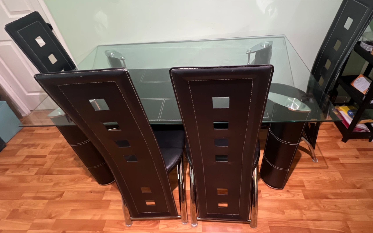 Glass Dining Table with 4 Faux Leather Chairs - photo 2
