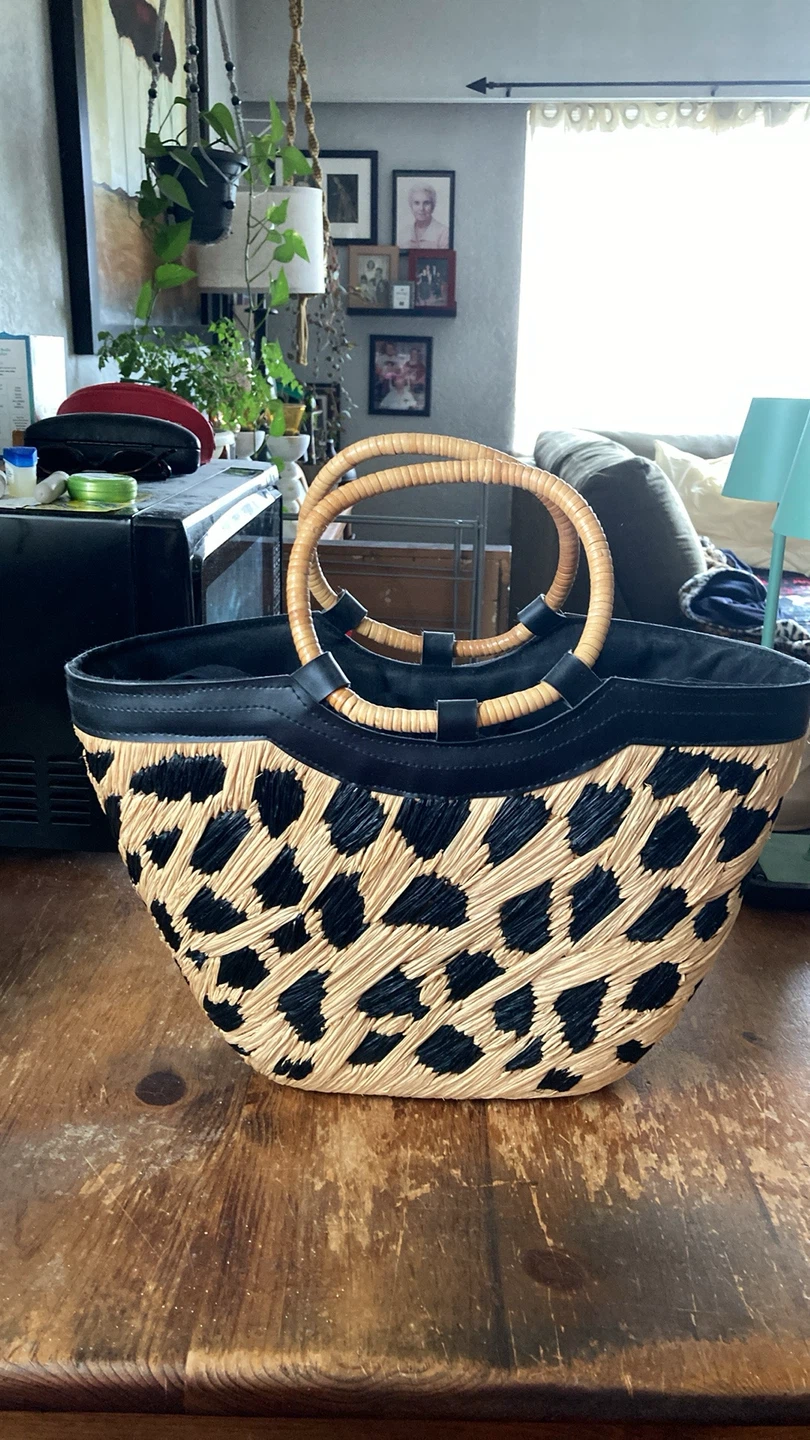 Straw Tote Bag with Leopard Print Accent