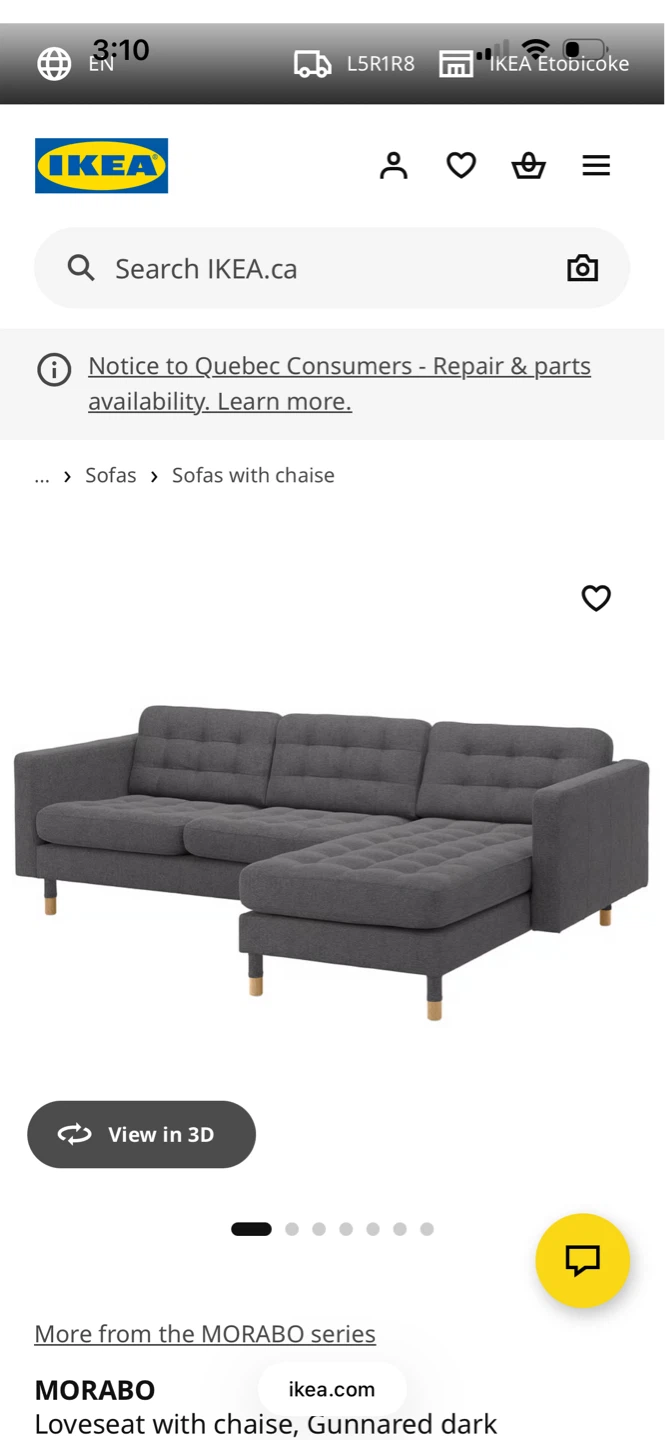 IKEA MORABO Loveseat with chaise, Gunnared dark grey