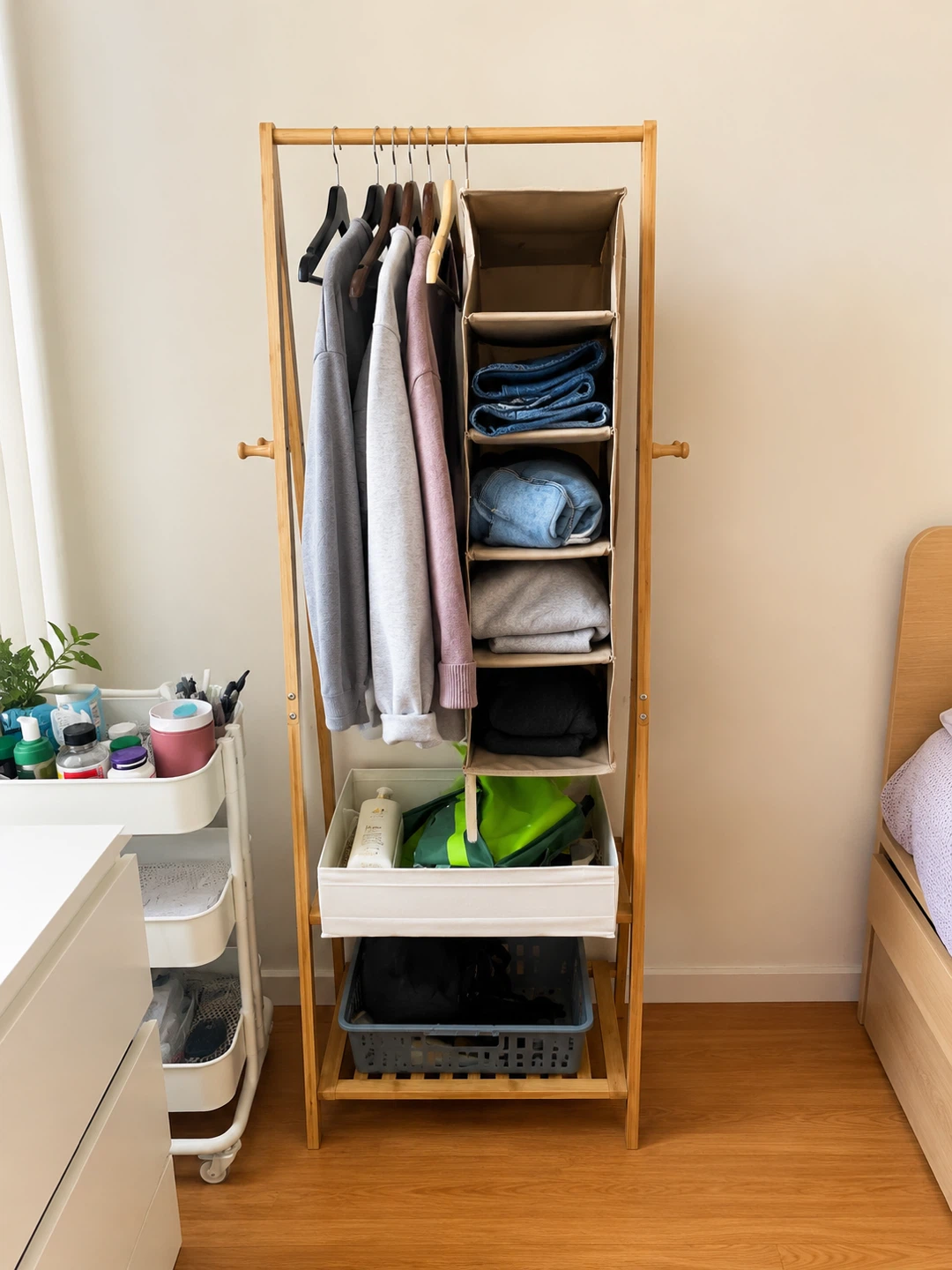 Wooden Garment Rack with Storage Shelves