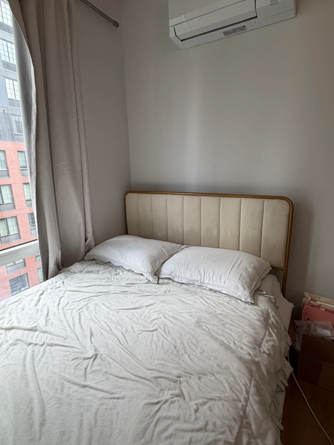 Cream Upholstered Metal Bed Frame with Headboard - Full Size