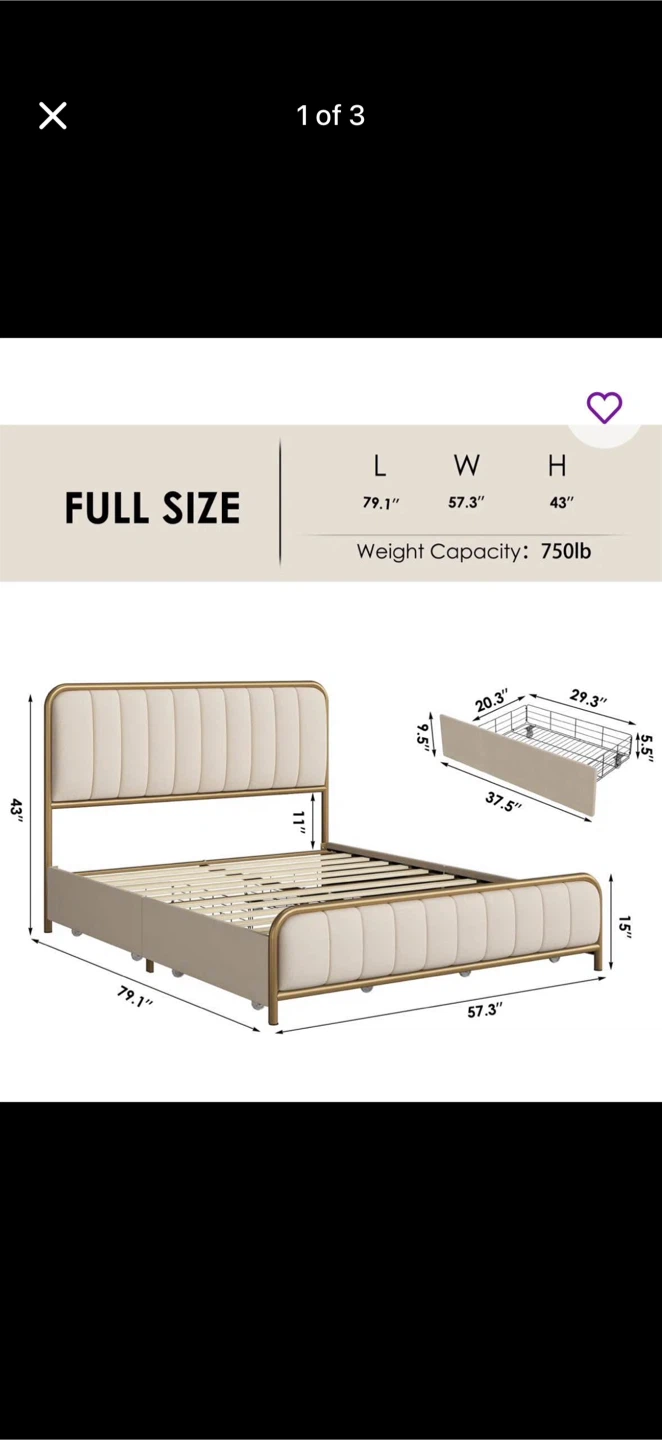 Cream Upholstered Metal Bed Frame with Headboard - Full Size - photo 2