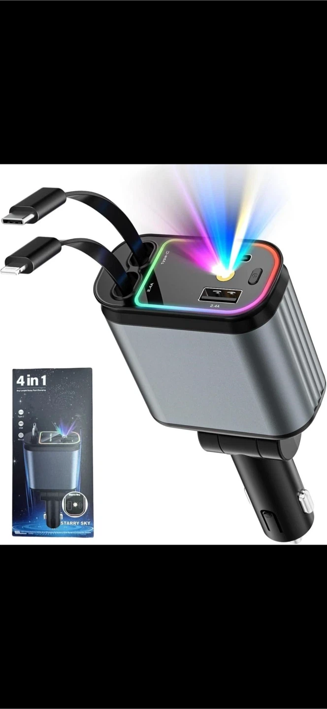 4-in-1 Car Charger with USB and Type-C Ports