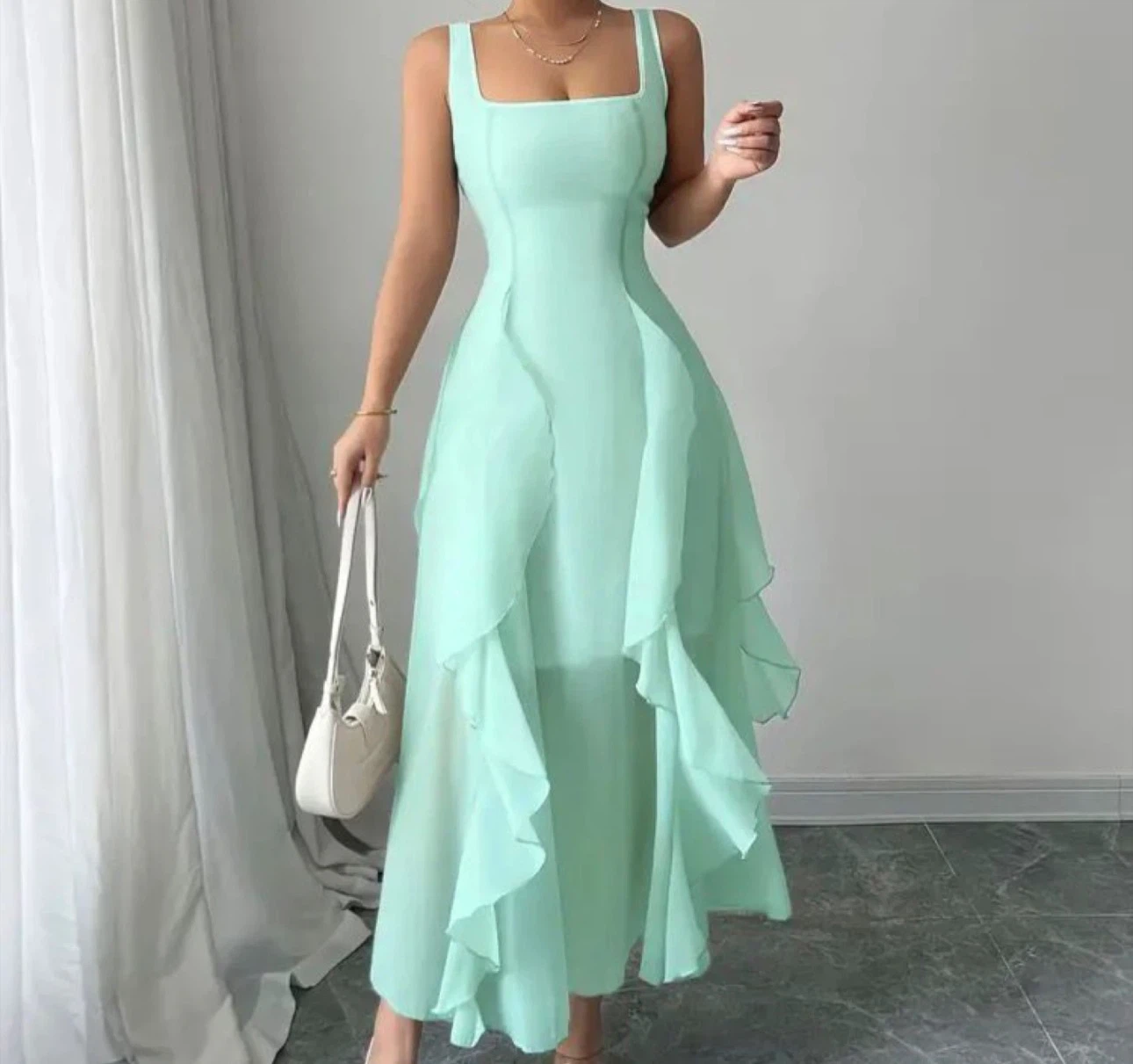 Mint Green Ruffled Midi Dress