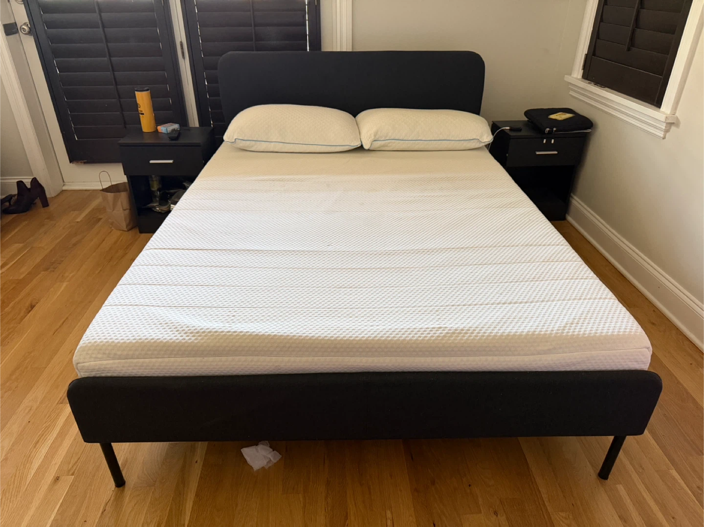 IKEA upholstered bed frame with mattress and pillows - photo 3