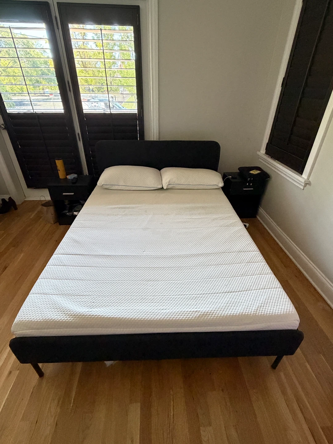 IKEA upholstered bed frame with mattress and pillows - photo 2