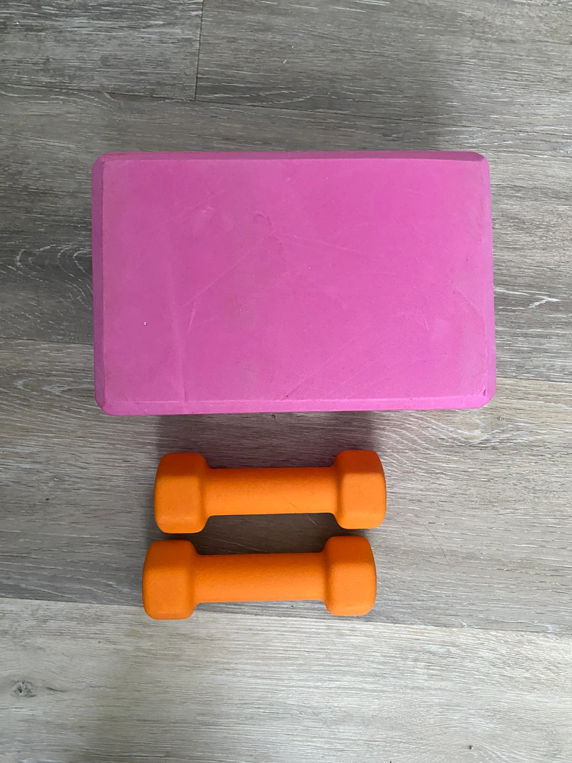 Pink Yoga Block and Orange Dumbbells Set