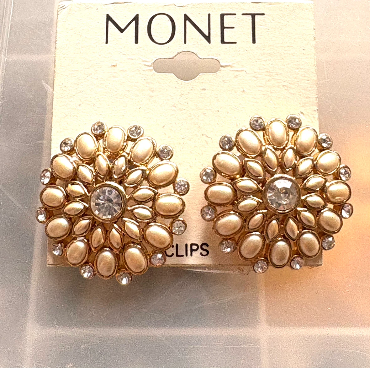 Monet gold pearl Clip-On Earrings, vintage jewelry