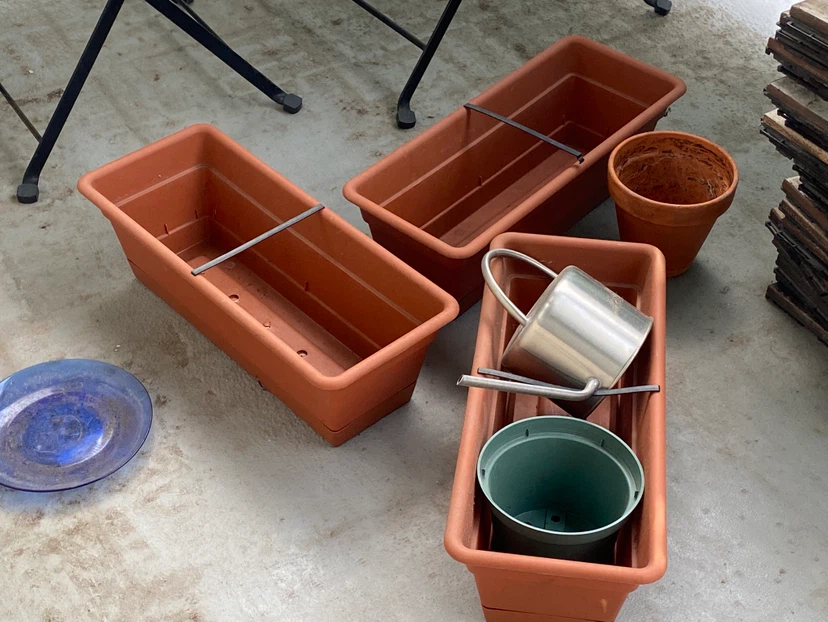 3 Rectangular Planters, 1 Round Pot, Watering Can, and Saucer